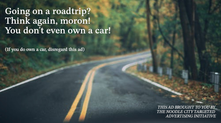 Advertisement: Going on a road trip? Think again, moron! You don't even own a car! (If you do own a car, disregard this ad.) This ad brought to you by the Noodle City targeted advertising initiative.